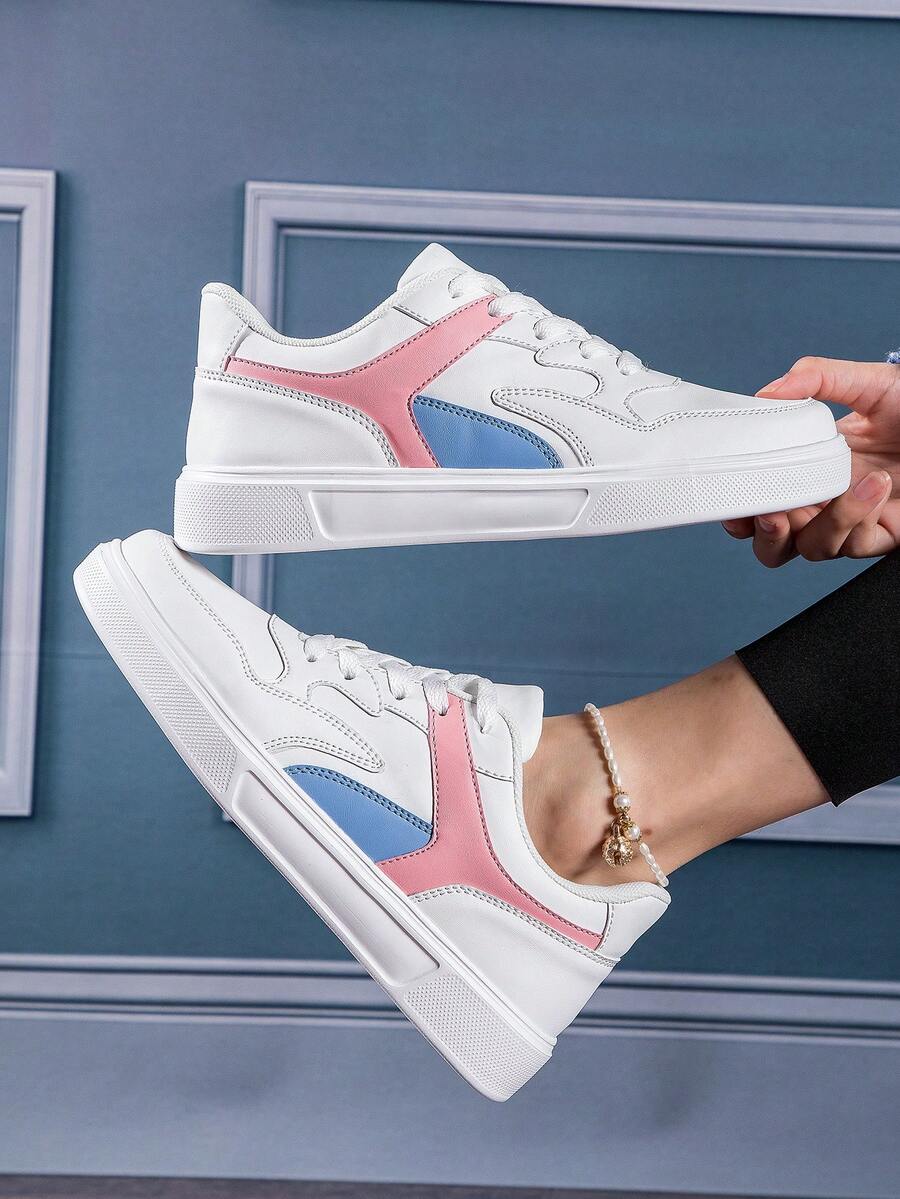 新款时尚白色休闲鞋，粉色点缀，舒适女式网球鞋 - 白色 - 查看 1