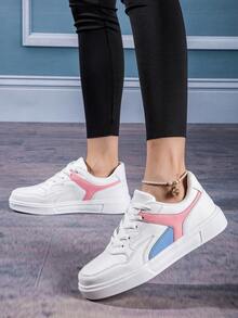 新款时尚白色休闲鞋，粉色点缀，舒适女式网球鞋 - 白色 - 查看 2