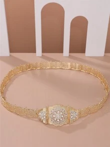 1個中空水晶花形金屬腰鏈,摩洛哥風格婚禮新娘裙腰帶,花瓣設計＆全鑽飾,可調節長度,身體珠寶 - 金色 - 查看 2