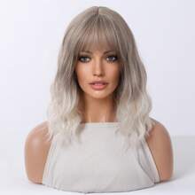 迷人灰银色至金色渐变浪漫波浪鲍勃发型 14 英寸带刘海合成假发，适合女性日常使用派对度假节日自然性感可爱适度学院风简约休闲万圣节圣诞节角色扮演耐热假发 - 彩色 - 查看 2