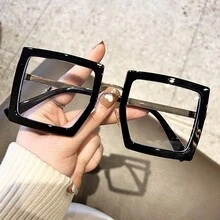 1 件女士方形无度数眼镜复古时尚装饰眼镜大号超大透明旅行眼镜 - 黑色 - 查看 4