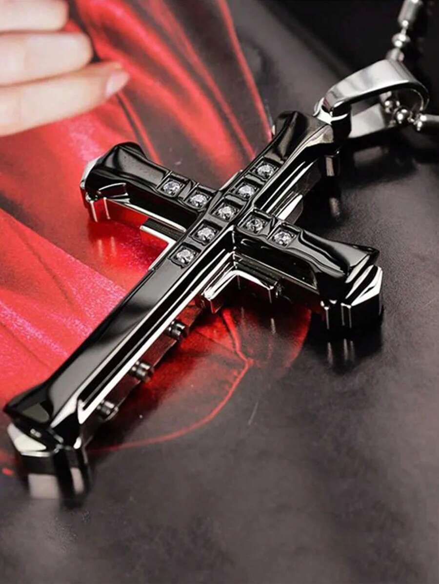 1條歐美風格的嘻哈暗黑頸鍊,男士十字鈦鋼鍊,時尚個性化學生嘻哈飾品生日禮物 - 黑色 - 查看 1