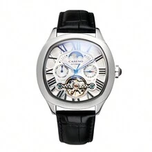Caseno Waterproof Automatic Mechanical Watch With Roman Numerals, Moon Phase, Barrel Shape And Tourbillon - Silver - View 1