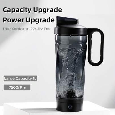 1pc 1000ml/34 Oz Electric Protein Shaker Bottle, Made With Tritan - - Portable Mixer Cup/USB Rechargeable Shaker Cups For Protein Shakes, Blender, Protein Shake Blender, Protein Mixer, Gym Gifts, Gym Stuff For Men, Black