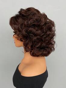 女性合成假髮棕色短卷曲帶有劉海,適合日常穿著