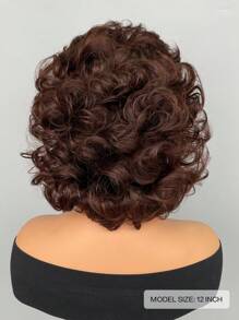 女性合成假髮棕色短卷曲帶有劉海,適合日常穿著