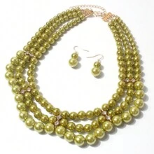 3pcs Faux Pearl Necklace And Earrings Set - Army Green - View 3