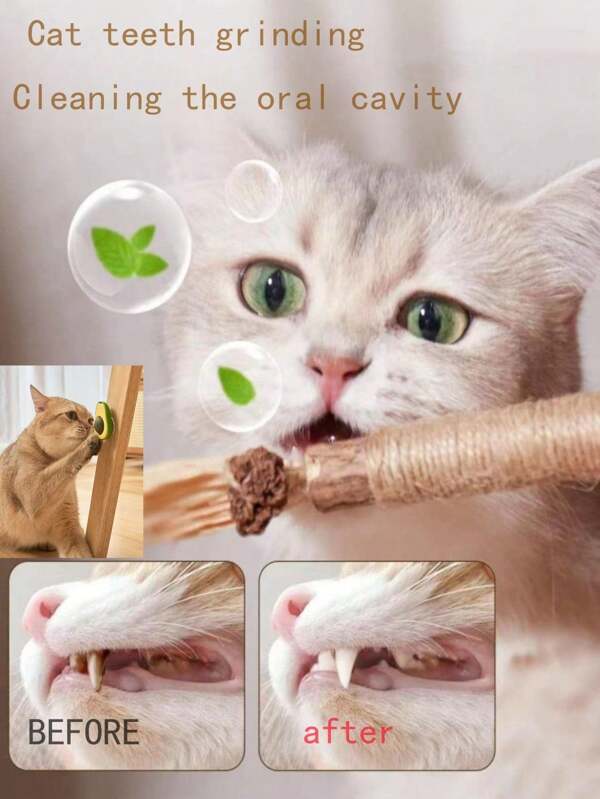 1根貓咬牙棒,木製何首烏棒,可咀嚼牙齦清除牙垢,可自由裝填貓薄荷 (卡其色)