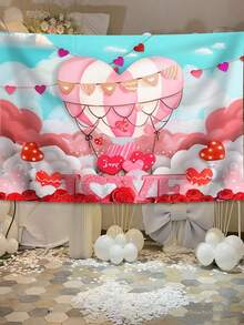 1pc Valentine'S Day Hot Air Balloon & Clouds Background Romantic Theme Holiday Party Decor Prop Backdrop Cloth - Multicolor - View 1