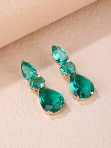 1pair Fashionable Luxurious Cubic Zirconia Waterdrop Shaped Long Earrings, Perfect For Women To Match With Fashion Dress For Festival Birthday Gift - Green - View 2