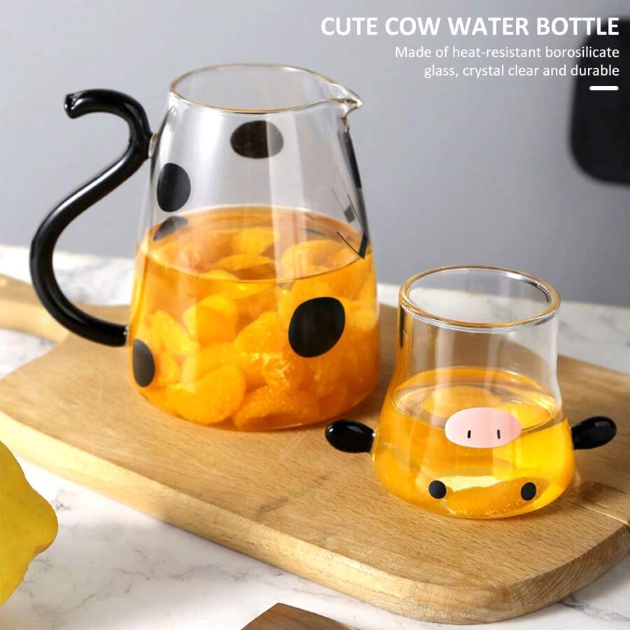 Cow Glass Water Pitcher With Glass Cup 500ml VShaped Spout Cow Glass Jug Heat Resistant Cute