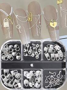 銀色愛心鑰匙指甲配件指甲藝術豪華合金蝴蝶結鎖頭指甲裝飾情人節指甲裝飾配件 - 銀色 - 查看 1