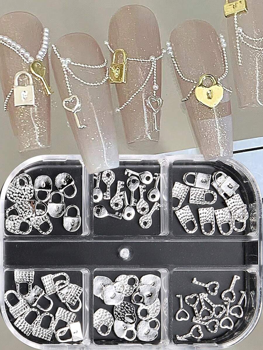 銀色愛心鑰匙指甲配件指甲藝術豪華合金蝴蝶結鎖頭指甲裝飾情人節指甲裝飾配件 - 銀色 - 查看 1