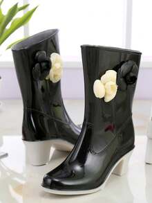 2024年新款透氣高跟方跟防水台時尚雨靴防滑中小腿水鞋山茶花裝飾膠鞋 - 黑色 - 查看 4