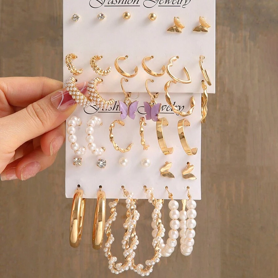 18入組別致的簡約時尚ins風格創意復古蝴蝶假珍珠c型耳環套裝,適用於女士約會派對日常通勤萬用聖誕和情人節禮品 - 彩色 - 查看 1