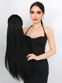 26 Inch Jacques Long Straight Hairpiece Removable Headband Wig Black Synthetic Fiber Women's Fluffy Natural Heat-Resistant Synthetic Wig Suitable For Daily Wear - Black - View 6