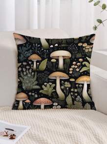 1入組植物和蘑菇圖案枕套,現代風格印花雪紡織布靠墊套,適用於家居裝飾,沙發,臥室 - 黑色 - 查看 4