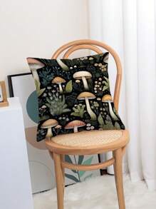 1入組植物和蘑菇圖案枕套,現代風格印花雪紡織布靠墊套,適用於家居裝飾,沙發,臥室 - 黑色 - 查看 3