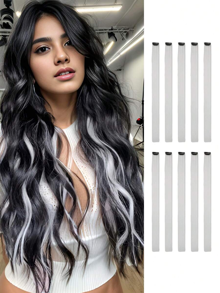 Extensiones de cabello de 22 pulgadas con resaltados de colores variados (blanco, naranja, negro, rojo, rosa, gris, morado) en paquete de 10 piezas, pieza recta sintética para uso diario, fiestas, vacaciones, regalos de Año Nuevo para mujeres y niñas - Blanco - Ver 1