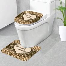 4 件套豹心印花浴室套裝,包括防水浴簾、防滑浴室墊、馬桶蓋、浴室墊和 12 個塑膠掛鉤、浴室配件、家居裝飾 - 駝色 - 查看 3