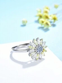 1pc 925 Sterling Silver Adjustable Simple Style Daisy Flower Design Colorful Cubic Zirconia Inlaid Ring - Silver - View 2