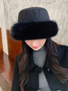 1入女性桶帽，毛絨裝飾邊，適用於戶外活動的保暖柔軟冬季桶帽，可愛風格 - 黑色 - 查看 6