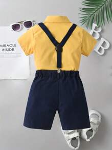 年輕男孩黃色休閒短袖襯衫搭配波點蝴蝶裝飾領結和藍色吊帶短褲正式套裝4件套組 - 黃色 - 查看 2