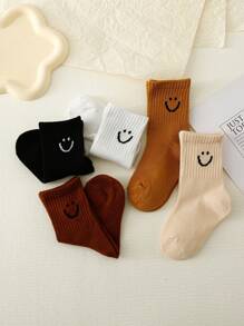 5pairs Girls' Face Over-The-Calf Solid Color Socks - Multicolor - View 5