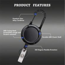 1 件徽章捲軸,可伸縮重型鑰匙鏈,升級版鋅合金身份證夾,帶 31.5 英寸塗層鋼纜黑色多用途登山扣戶外鑰匙圈易拉扣適合徒步旅行和防盜 - 黑色 - 查看 1