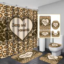 4 件套豹心印花浴室套裝,包括防水浴簾、防滑浴室墊、馬桶蓋、浴室墊和 12 個塑膠掛鉤、浴室配件、家居裝飾 - 駝色 - 查看 1