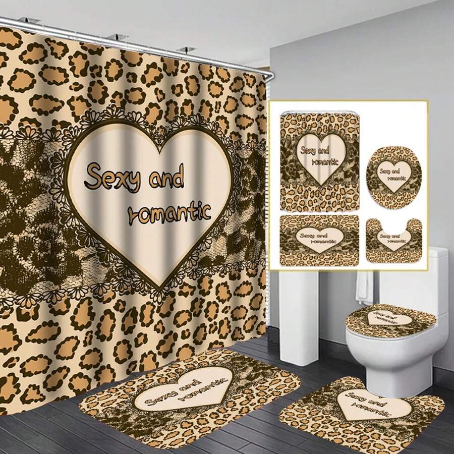 4 件套豹心印花浴室套裝,包括防水浴簾、防滑浴室墊、馬桶蓋、浴室墊和 12 個塑膠掛鉤、浴室配件、家居裝飾 - 駝色 - 查看 1