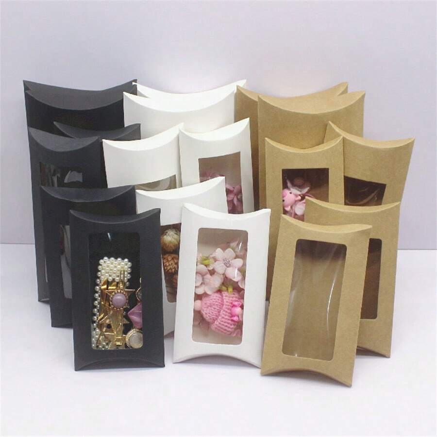 10pcs Black/White/Kraft Paper Three-Tone, Multi-Size Pillow Box With Pvc Window Packaging Gift Box Candy Box - 10 Window Pillow Boxes - View 1