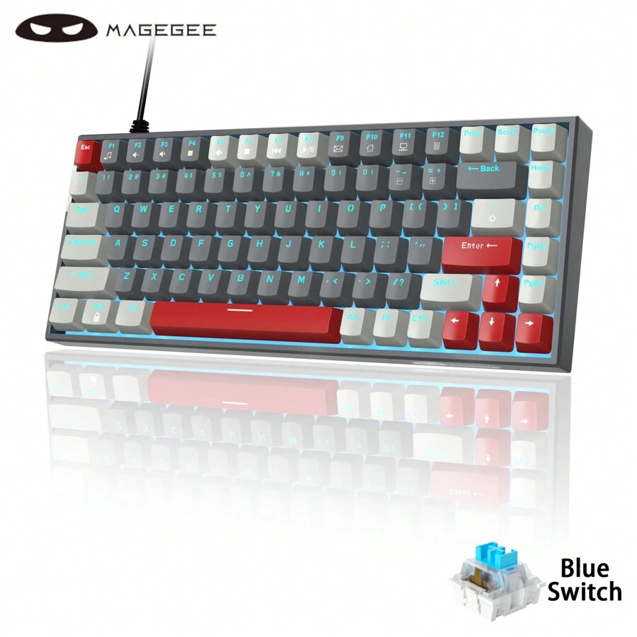 Magegee 75%機械鍵盤,84鍵連線電玩鍵盤,藍軸輕觸鍵帽並搭配冰藍背光小型緊湊辦公室鍵盤,可攜式電競鍵盤適用於pc Windows玩家 - 黑色 - 查看 1