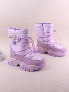 1對女童紫色冬季卡通圖案雪靴,防水&加厚防滑保暖毛絨中筒靴 - 紫色 - 查看 4