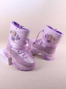 1對女童紫色冬季卡通圖案雪靴,防水&加厚防滑保暖毛絨中筒靴 - 紫色 - 查看 1