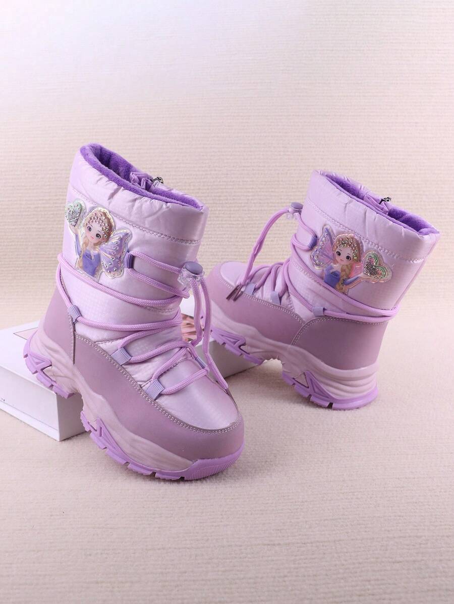 1對女童紫色冬季卡通圖案雪靴,防水&加厚防滑保暖毛絨中筒靴 - 紫色 - 查看 1