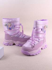 1對女童紫色冬季卡通圖案雪靴,防水&加厚防滑保暖毛絨中筒靴 - 紫色 - 查看 3