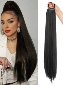 Heat Resistant 24 Inch Long Straight Ponytail Extensions With Elastic Band - Synthetic Hairpieces For Women - DIY Wrap Around Pony Tail - Wig Extensions For A Natural Look - Black - View 1