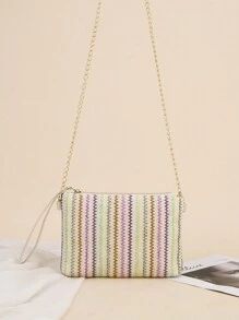 Colorful Woven Shoulder Bag/Clutch/Purse With Chain Strap For Daily Use, Beach, Fashion Accessory, And Cute Small Handbag - Multicolor - View 6