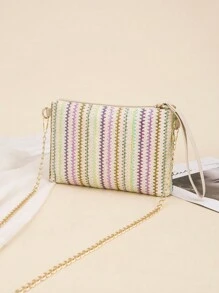 Colorful Woven Shoulder Bag/Clutch/Purse With Chain Strap For Daily Use, Beach, Fashion Accessory, And Cute Small Handbag - Multicolor - View 5