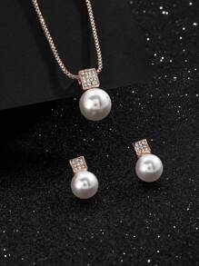 1對耳環和1件頸鍊優雅的仿珍珠珠寶套裝，適用於女士和女孩選擇日常穿搭和派對配飾 - 玫瑰金 - 查看 7