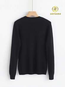 SUÉTER DE DAMA NEGRO TEJIDO DE PUNTO DE MANGA LARGA ALGODÓN SUAVE - SUÉTER CÁLIDO CON ESTILO CLÁSICO - ROPA DE OTOÑO INVIERNO - Negro - Ver 2