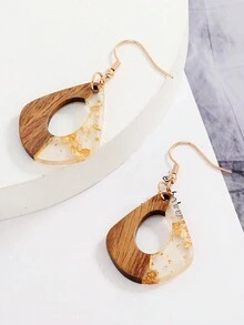 1對創意木質和聚酯樹脂鑲嵌設計極簡風格耳環,適合女性 - 彩色 - 查看 2