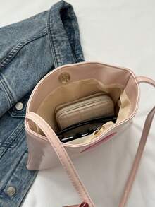 Cute Heart Shaped Children's Shoulder Bag, Casual Solid Color Pu Tote Bag For Girls To Go Out For Shopping, Fresh Style - Pink - View 4