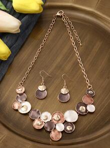 一套两件波西米亚风锌合金几何圆形卡其色珐琅套装，适合女性日常个性化穿着 - 幾何 - 查看 4