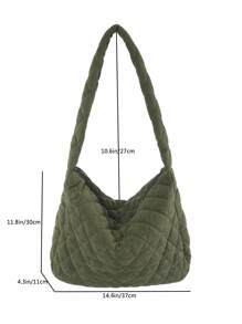 Large Capacity Solid Color Corduroy Shoulder Bag With Quilted Diamond Pattern, Foldable Fashionable Tote Bag For Women, Puffy Design Handbags, School Supplies, School Bag, School Handbag, School Tote Bag, School Bookbag, Back To School Bags, Waterproof, Lightweight, Portable, Classic Casual, Suitable For Teen Girls Women College Students, Perfect For Back To School, First Day Of School - Army Green - View 2