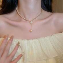 1條創意珍珠頸鍊,採用電鍍氧化鋯石,法式甜美風格掛墜毛衣鏈,女性時尚配件,適用於日常佩戴和節日禮品 - 香檳色 - 查看 7