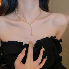 1條創意珍珠頸鍊,採用電鍍氧化鋯石,法式甜美風格掛墜毛衣鏈,女性時尚配件,適用於日常佩戴和節日禮品 - 香檳色 - 查看 6