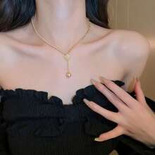 1條創意珍珠頸鍊,採用電鍍氧化鋯石,法式甜美風格掛墜毛衣鏈,女性時尚配件,適用於日常佩戴和節日禮品 - 香檳色 - 查看 8