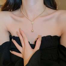 1條創意珍珠頸鍊,採用電鍍氧化鋯石,法式甜美風格掛墜毛衣鏈,女性時尚配件,適用於日常佩戴和節日禮品 - 香檳色 - 查看 1